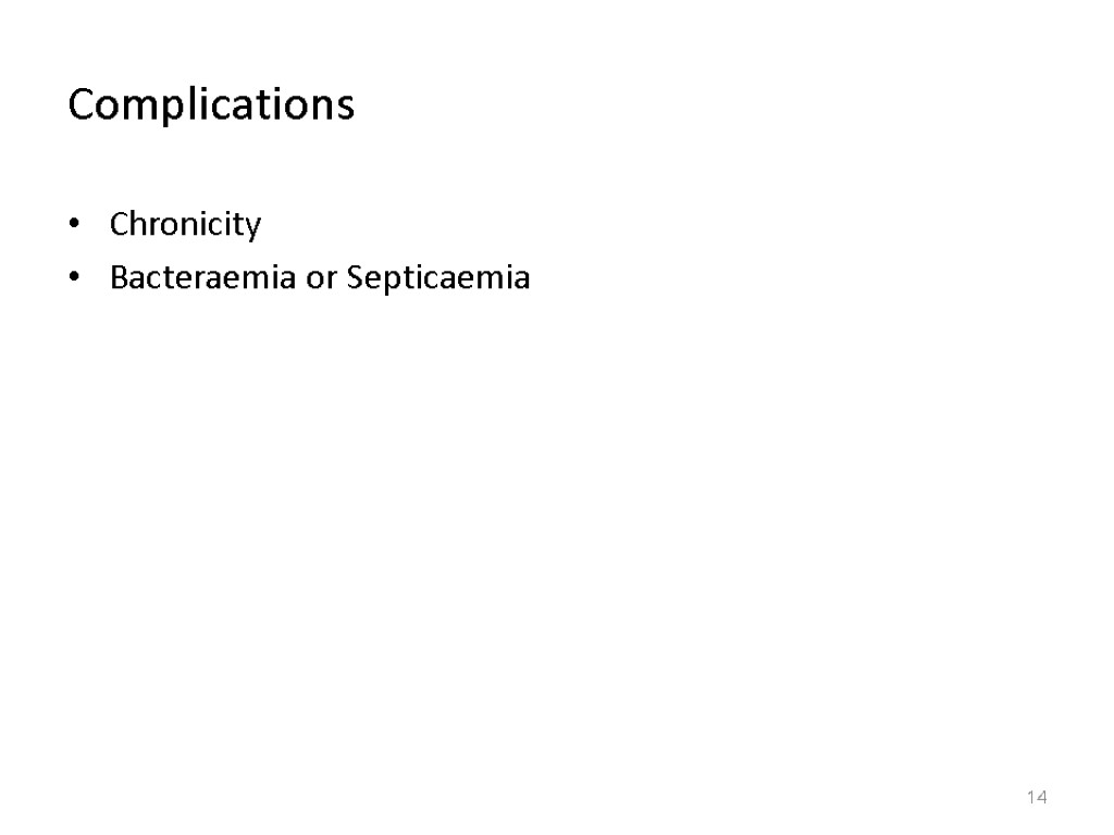 Complications Chronicity Bacteraemia or Septicaemia 14